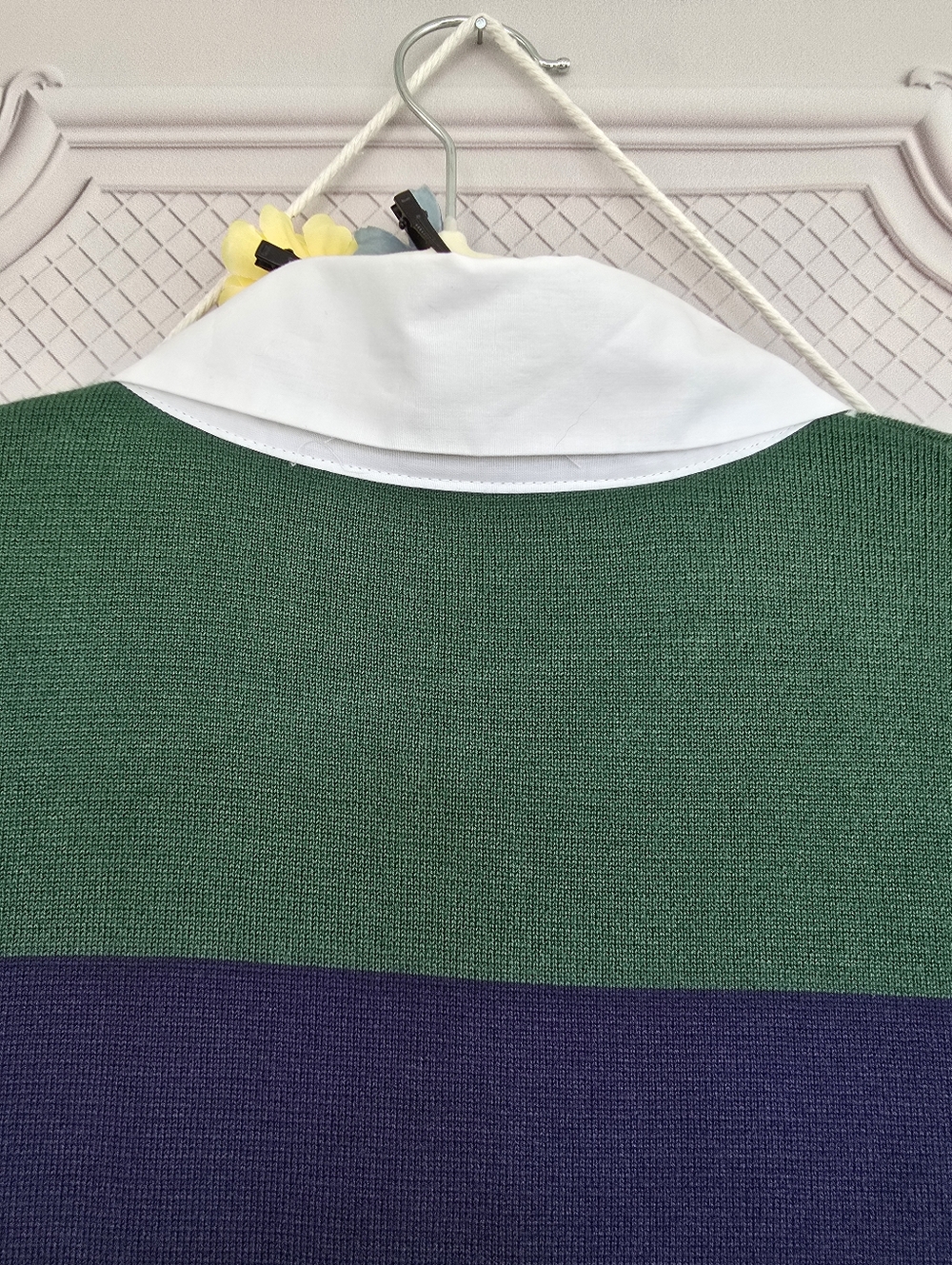 ​Active USA Striped Knit Polo Midi Dress - Navy & Green Preppy Collared Sheath - Picture 9 of 15